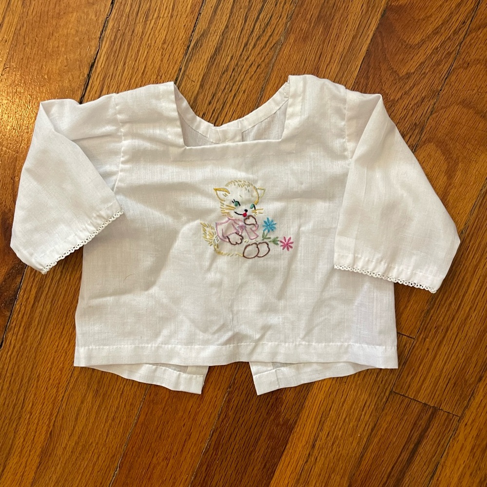 Vintage Cotton Baby Blouse with Hand Embroidered Kitten Design